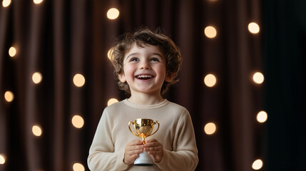 Naklejka premium A smiling star kid with a trophy and a glowing velvet curtain