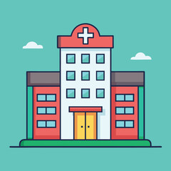 Illustration of a Hospital Building with Red Cross Symbol, A clean and colorful illustration of a hospital building with a red cross on top, featuring large windows and an inviting design.

