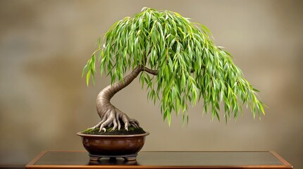 Weeping Willow Bonsai with Cascading Elegance in a Serene Setting