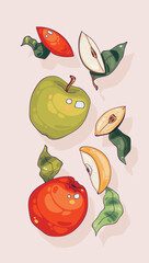 A set of painted bright apples and apple slices.