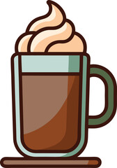 Coffee Mug with Creamy Topping Illustration, An illustration of a clear glass coffee mug filled with a dark drink, topped with a swirl of creamy whipped cream.
