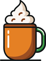 Orange Mug with Whipped Cream and Cocoa Illustration, An illustration of an orange coffee mug topped with whipped cream and cocoa sprinkles, creating a warm, inviting drink.
