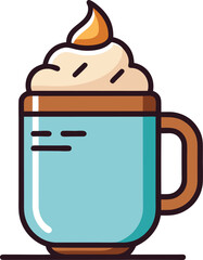 Cup of Coffee with Creamy Topping Illustration, An illustration of a blue coffee mug topped with creamy whipped cream and a caramel swirl, offering a sweet and inviting beverage.
