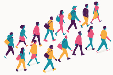 9 Colorful crowd of diverse people, minimalist illustration, white background, dynamic poses, walking figures, stylized characters, vibrant clothing, top-down view, flat design, abstract human shapes,