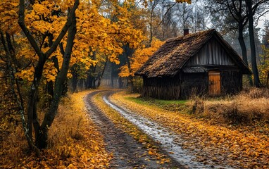 Fototapeta premium A house on a road with yellow leaves on the ground