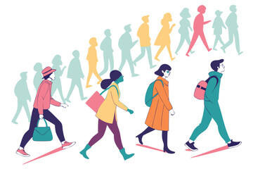 9 Colorful crowd of diverse people, minimalist illustration, white background, dynamic poses, walking figures, stylized characters, vibrant clothing, top-down view, flat design, abstract human shapes,