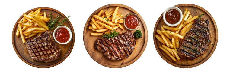 steak and fries with sauce on wood plate, transparent background