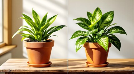 Obraz premium Side-by-Side Comparison of Healthy and Dry Soil Calathea Plants