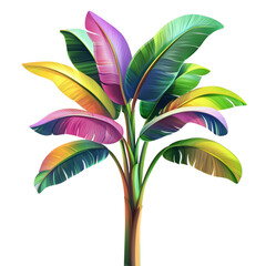 Obraz premium Colorful illustration of an exotic banana tree with bright leaves, set on a white background