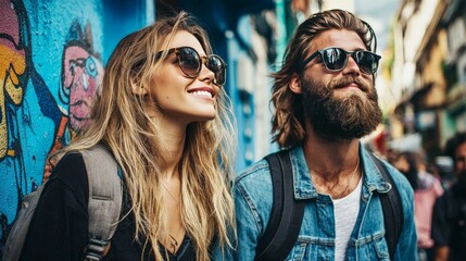 Stylish young couple with sunglasses and denim jackets exploring an urban environment with street art in the background both smiling and enjoying a carefree city adventure