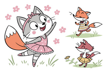 11 Whimsical cartoon animals, playful cat characters, colorful hand-drawn illustrations, anthropomorphic foxes and cats, cheerful dancing creatures, childlike art style, vibrant clothing, quirky poses