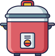 Red Rice Cooker with Simple Button Design, A colorful illustration of a red rice cooker with a simple button design, featuring a compact shape and modern style.

