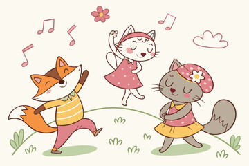 11 Whimsical cartoon animals, playful cat characters, colorful hand-drawn illustrations, anthropomorphic foxes and cats, cheerful dancing creatures, childlike art style, vibrant clothing, quirky poses