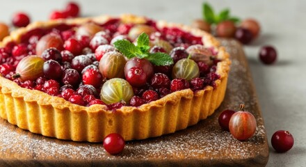Berry tart with mixed berries on wooden board, garnished powdered sugar and mint