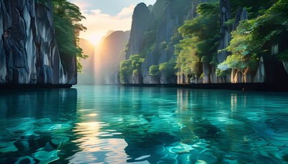 Serene Tropical Lagoon with Cliffs and Clear Waters