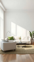 Fototapeta premium minimalist living room interior mockup, modern furniture and greenly decorative, white sofa and armchair, created by generative ai