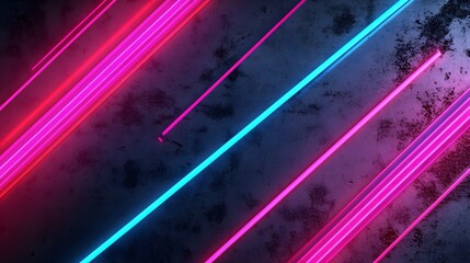 Diagonal lines of vibrant neon lights on a dark textured background