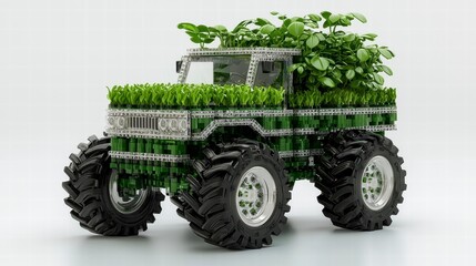 Fototapeta premium Green Voxel Monster Truck with Plants in White Studio
