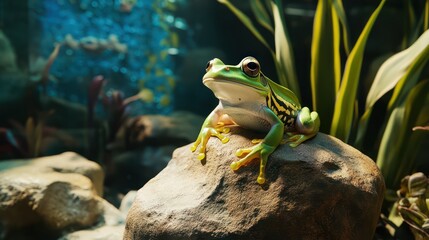 Green Frog on Rock in Aquarium