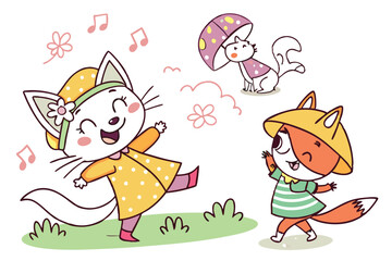 11 Whimsical cartoon animals, playful cat characters, colorful hand-drawn illustrations, anthropomorphic foxes and cats, cheerful dancing creatures, childlike art style, vibrant clothing, quirky poses