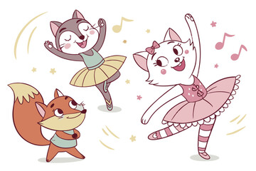 11 Whimsical cartoon animals, playful cat characters, colorful hand-drawn illustrations, anthropomorphic foxes and cats, cheerful dancing creatures, childlike art style, vibrant clothing, quirky poses