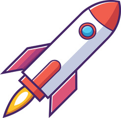 Rocket with Flame Propulsion and Pink Fins, A colorful rocket with pink fins and flame propulsion, symbolizing space exploration and adventure in a bold, modern style.
