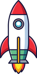 Red Rocket with Green Fins and Flame Propulsion, A red rocket with green fins and flame propulsion, symbolizing space exploration and adventure in a bold, colorful style.
