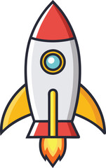 Red Rocket with Yellow Fins and Flame Propulsion, A red rocket with yellow fins and flame propulsion, symbolizing space exploration and adventure in a bold, colorful style.
