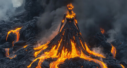 A volcanic goddess towers over an otherworldly landscape of molten lava and jagged black rocks