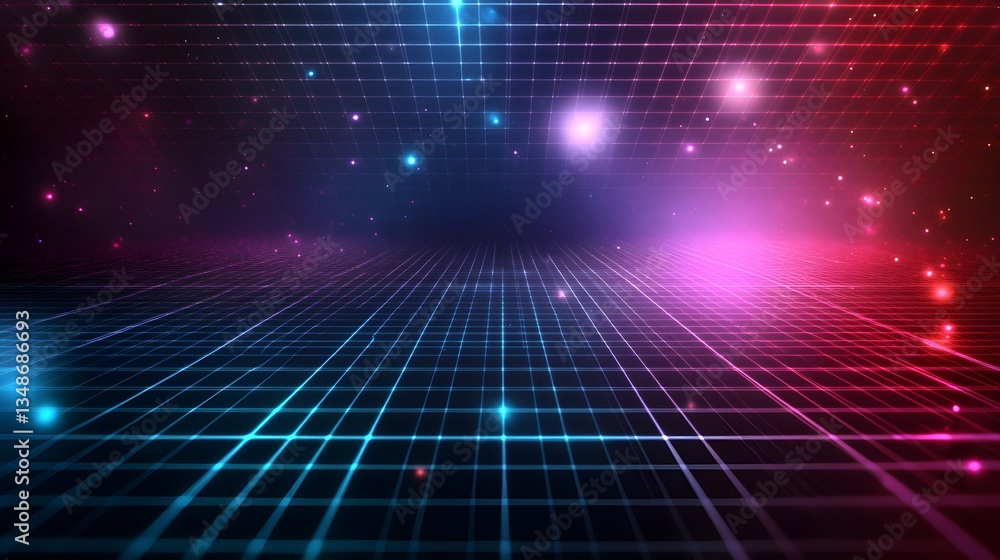 Poster an abstract grid with various colors and a starry background