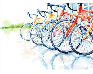 Fototapeta premium A vibrant illustration of colorful bicycles lined up, showcasing their wheels and frames against a soft, blurred background.