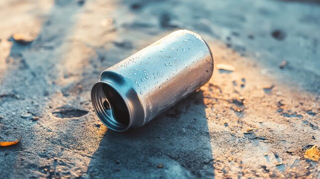 Abandoned aluminum can on sandy beach at sunset