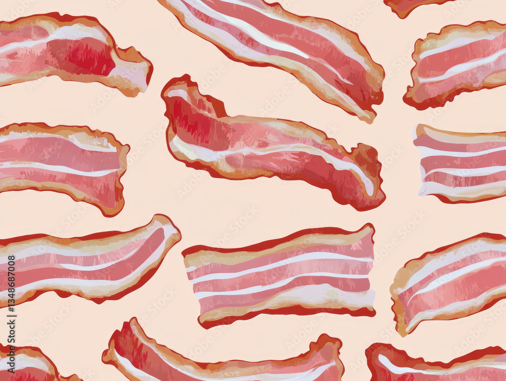 Poster seamless pattern featuring highly detailed, flat color illustrations of bacon strips on light backgr