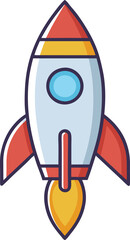 Simple Rocket with Flame Propulsion, A simple, colorful rocket with a yellow flame propulsion, symbolizing space exploration and adventure.
