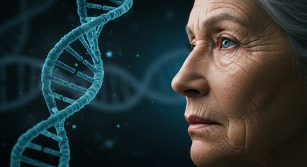 Elderly woman's thoughtful gaze at a luminous DNA double helix, symbolizing longevity and genetic heritage
