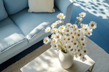 White Daisies in a Vase on a Coffee Table in a Light Blue Living Room