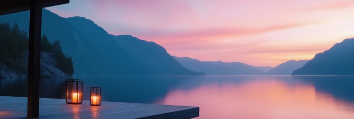 A beautiful sunset over a lake with a wooden pier. The water is calm and the sky is filled with warm colors