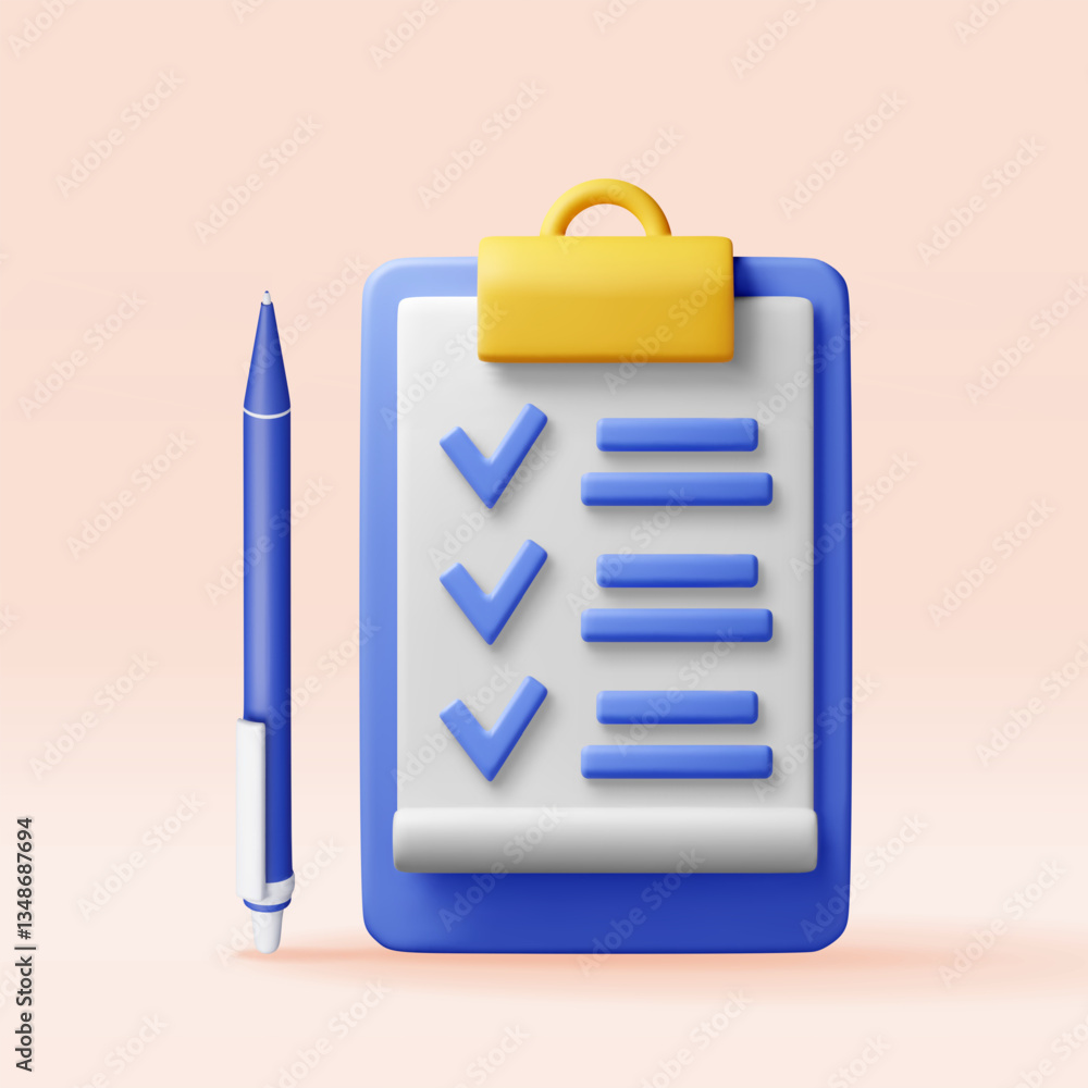 Poster 3d paper clipboard holder with checklist symbol and pen. clipboard with paper sheet and check mark i
