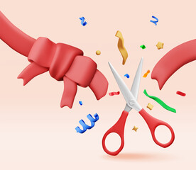 3D scissors cut red ribbon with bow in confetti. Render concept of opening ceremony, celebration, surprises. Satin bow and ribbon grand opening, product presentation symbol. Vector illustration