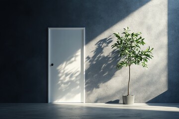 Minimalist Interior: White Door and Potted Plant in Sunlit Concrete Room