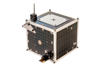 A compact CubeSat satellite with a metallic gold panel. Designed for space exploration and scientific missions
