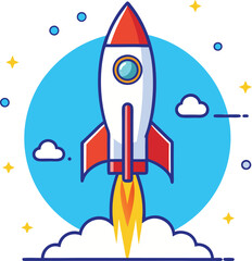 Cartoon Rocket Launch with Cloud and Stars, A colorful rocket blasting off against a blue background with clouds, stars, and a vibrant trail of fire.
