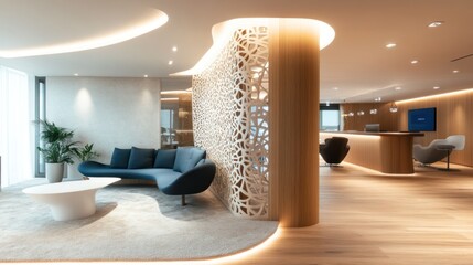 Modern office lounge with curved sofa, light-wood paneling, and city view