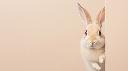 Obraz premium Curious rabbit peeking around a wall corner, beige background