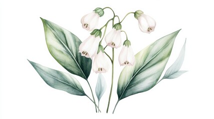 Obraz premium Watercolor Illustration of White Bell Flowers and Green Leaves, Floral Art , Botanical Art