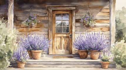 Watercolor classic farmhouse doors with brass knockers and ivy-covered walls. Rustic Watercolor Painting of a House with Lavender Plants