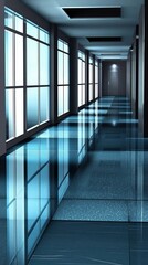 Modern office corridor, reflective floor, windows, light
