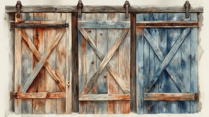 Watercolor classic farmhouse doors with brass knockers and ivy-covered walls. Rustic Watercolor Painting of Three Barn Doors