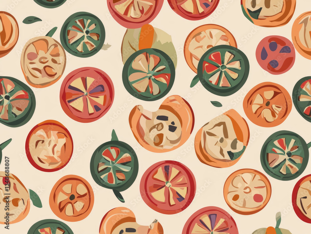 Aufkleber this features seamless pattern of various sliced vegetables, including tomatoes and peppers, flat co