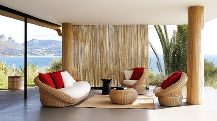 Modern wicker patio set, ocean view, bamboo wall